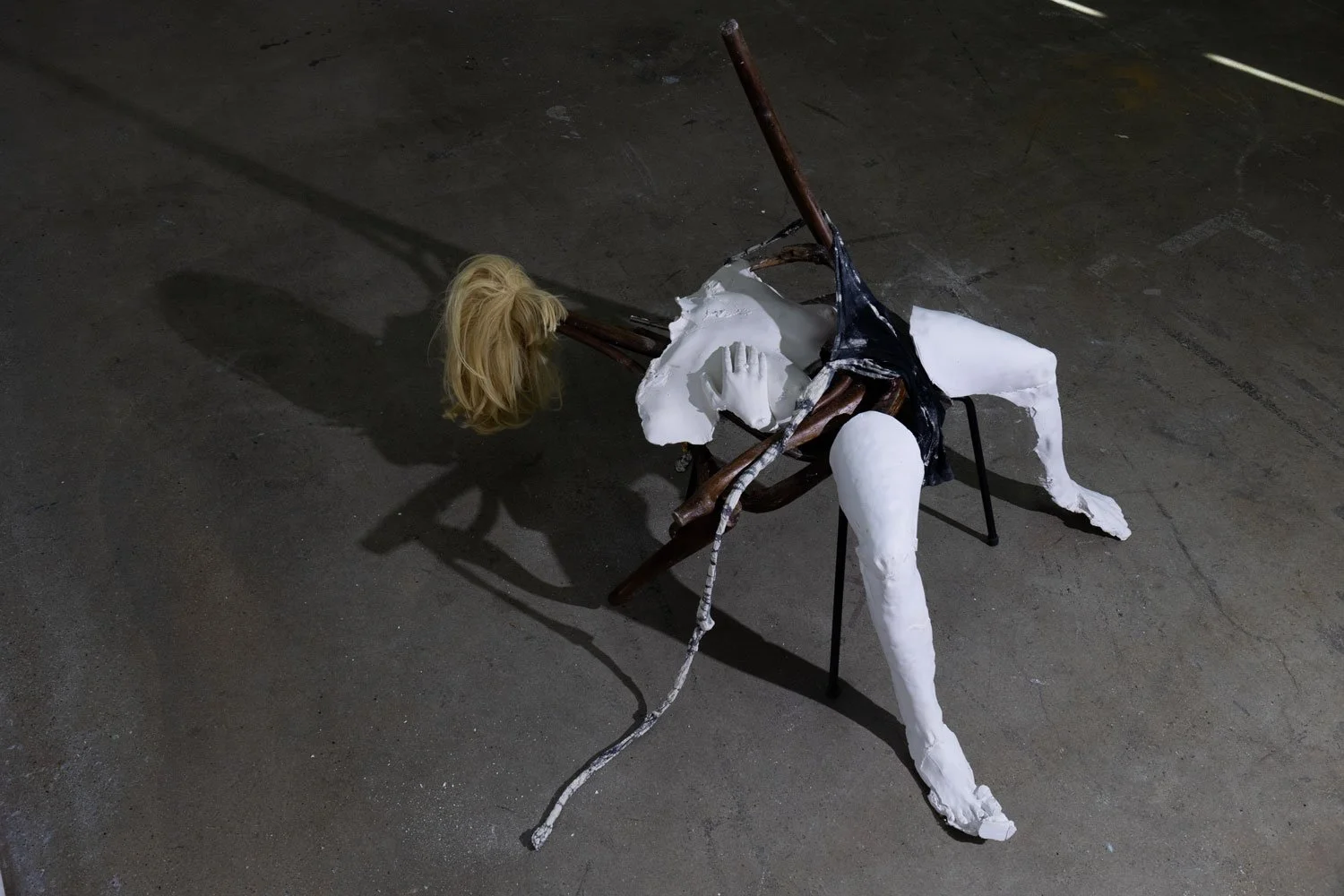 'The Execution of Lady Jane Grey' (2026) | Wig, broken chairs, plaster, tights, lighting | 220 x 89 x 105cm