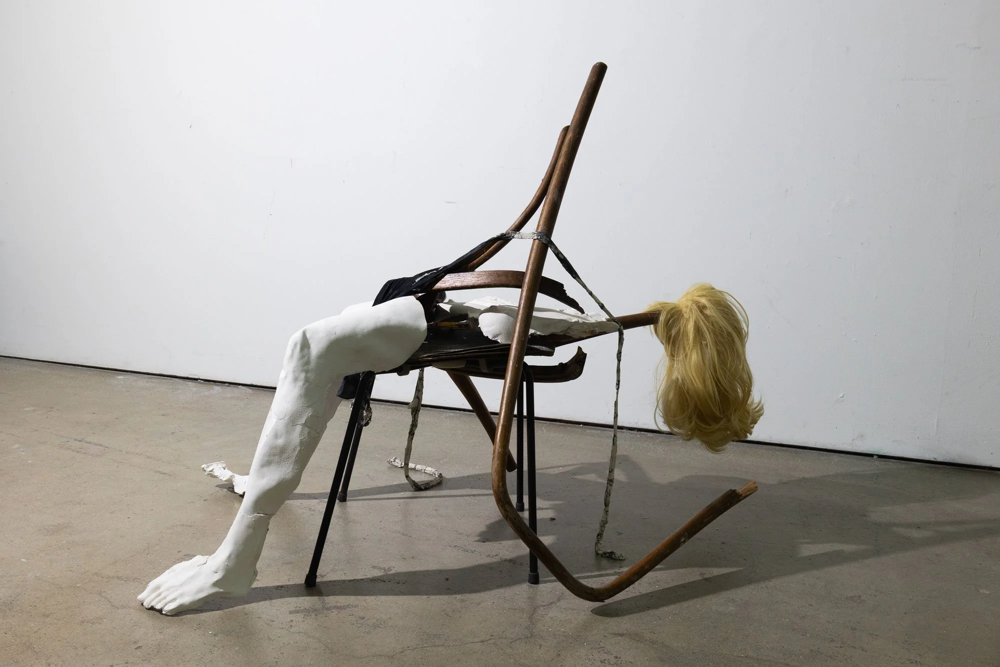 'The Execution of Lady Jane Grey' (2026) | Wig, broken chairs, plaster, tights, lighting | 220 x 89 x 105cm