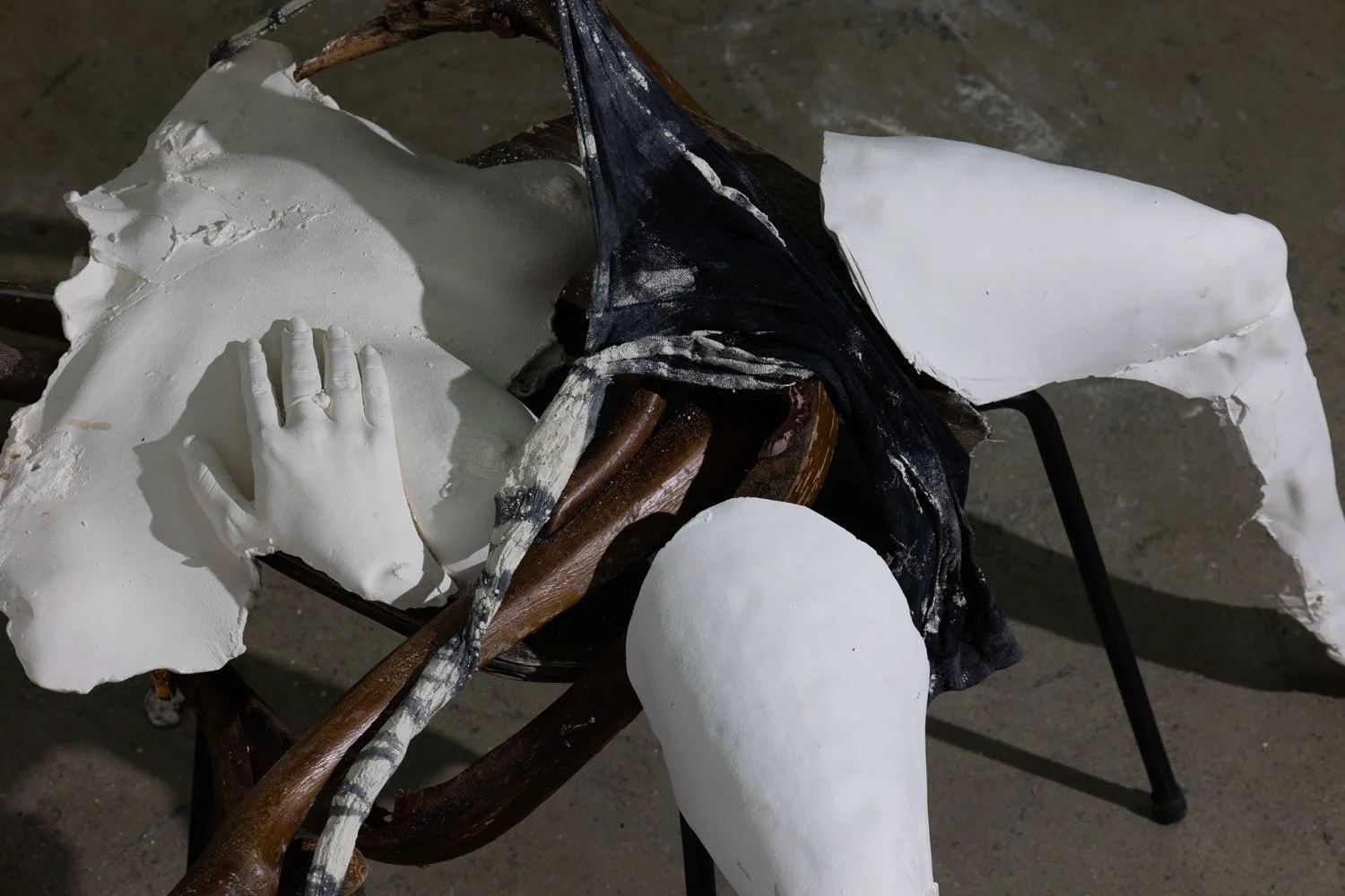 'The Execution of Lady Jane Grey' (2026) | Wig, broken chairs, plaster, tights, lighting | 220 x 89 x 105cm