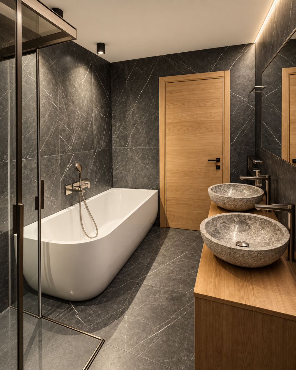 Bagno moderno con vasca bianca, doppio lavabo in pietra grigia su mobile in legno e pareti e pavimenti in marmo scuro.