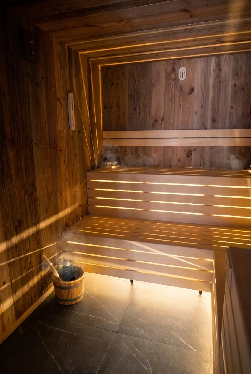 Interno di una sauna in legno con sedili di legno, un secchio con un bastone, e vapori di sauna