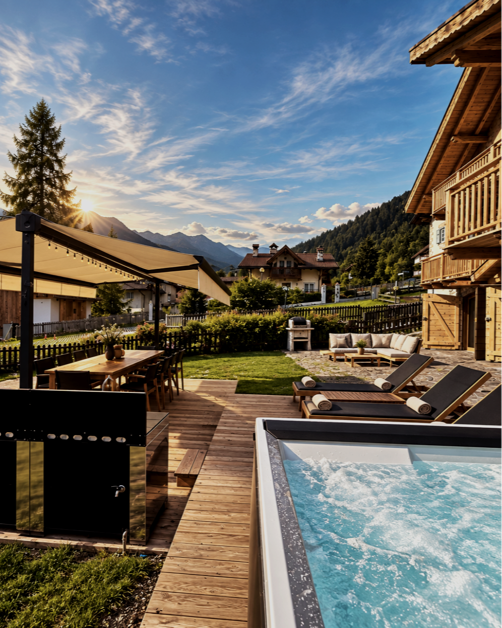 Zona esterna di una casa con jacuzzi, lettini, tavolo con sedie, barbecue, e area relax, con montagne e cielo sereno sullo sfondo.