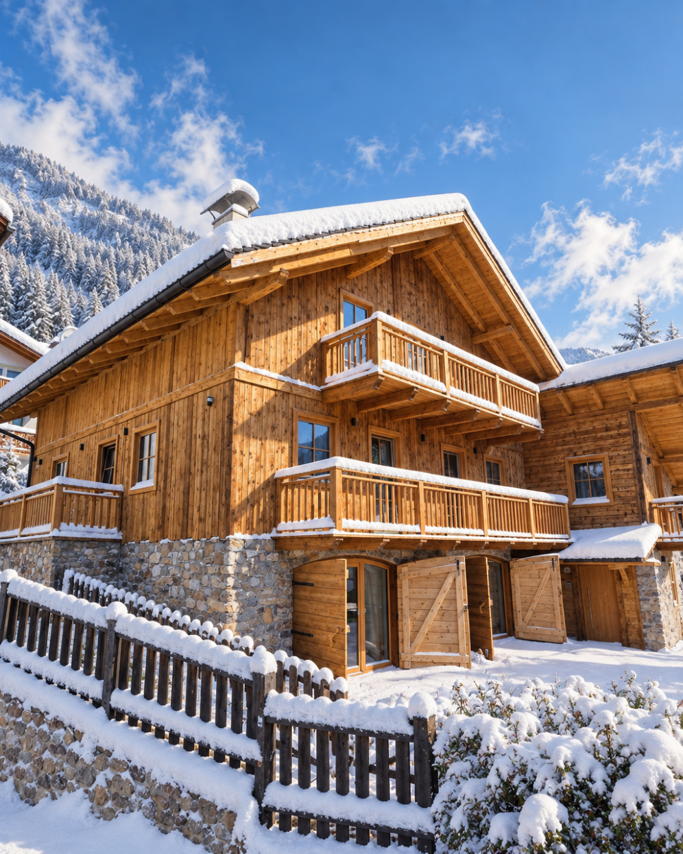 Chalet Gufo, coperto di neve, sotto un cielo azzurro con nuvole, con montagne innevate sullo sfondo.