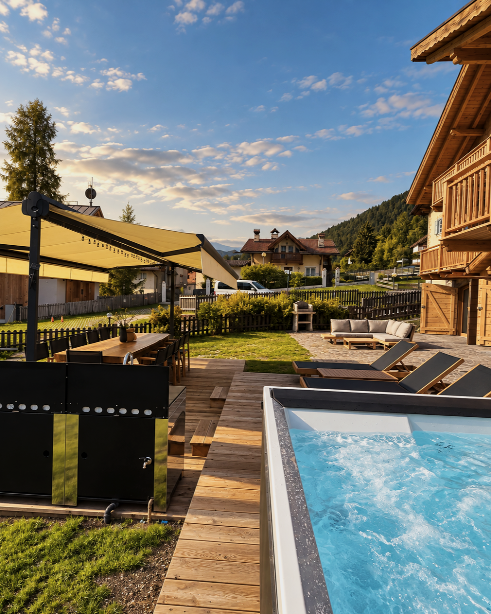 Vista dello Chalet Gufo, piscina, sdraio, divani e tavolo da pranzo all'aperto, sullo sfondo un cielo nuvoloso e montagne verdi.