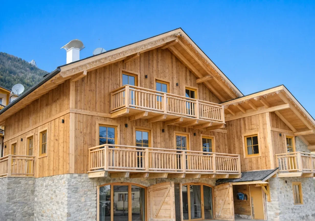 Casa in stile montano con facciata in legno e balconi, sotto con muri in pietra, con copertura in tegole e decorazioni di luci natalizie, su sfondo di montagna e cielo blu
