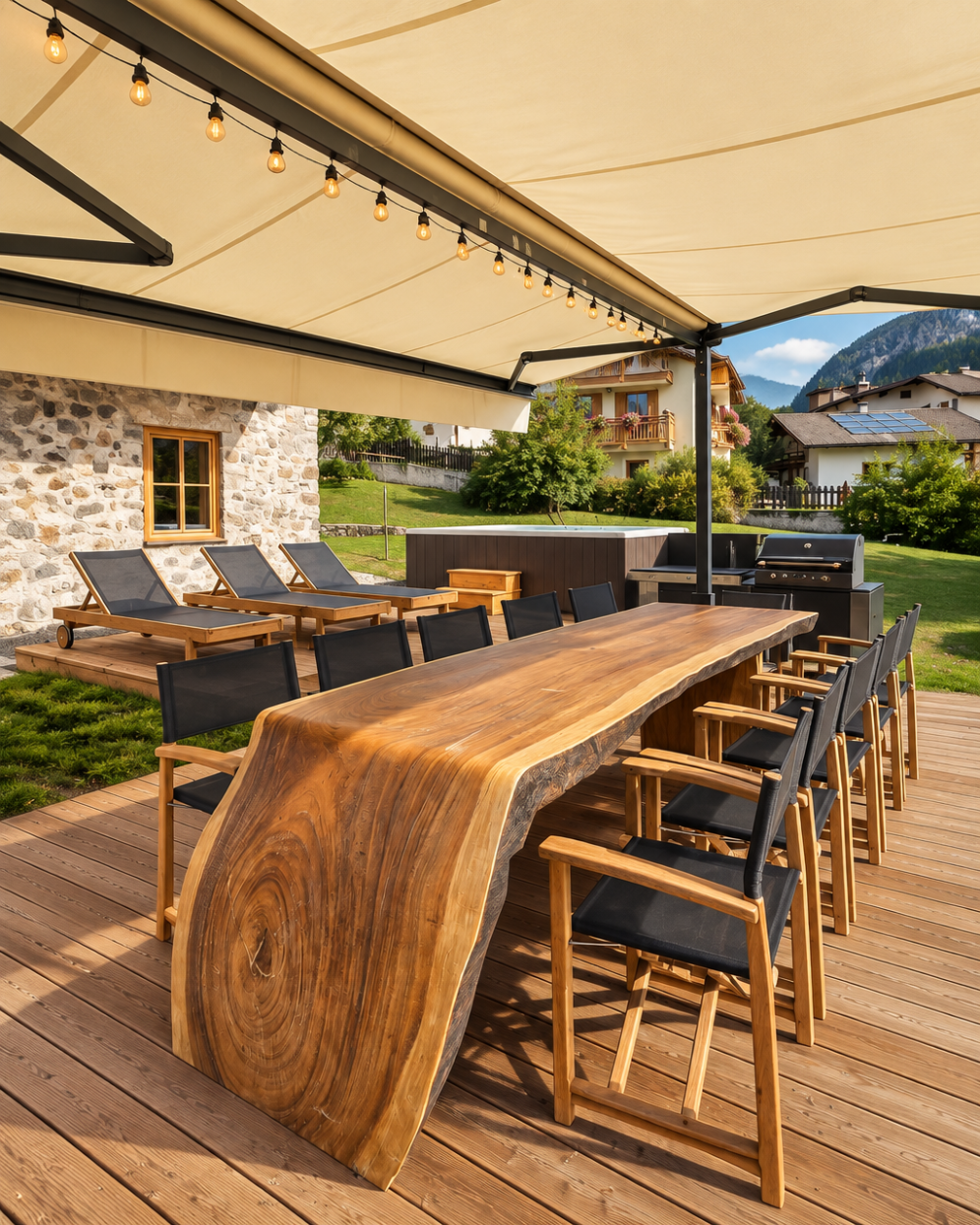 Spazio esterno con un tavolo in legno naturale e sedie nere, zona con lettini sul prato, griglia e cornice di case di montagna.