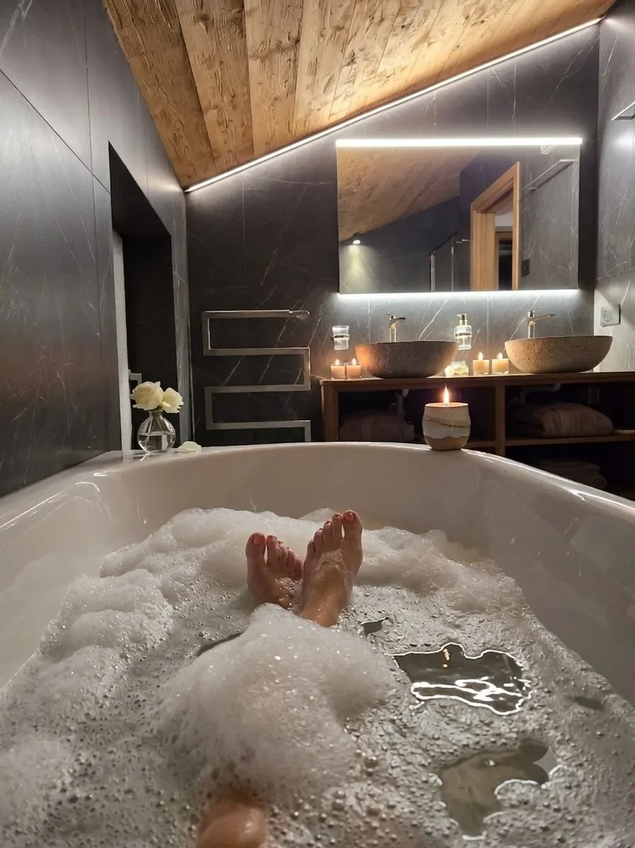 Dettaglio design bagno in legno e pietra Dolomiti Chalet Gufo