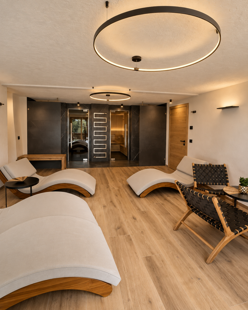 Sala di soggiorno con mobili moderni, divani e sedie in tessuto beige e legno, illuminazione a soffitto circolare, pavimento in legno, zona relax con sauna visibile sullo sfondo.