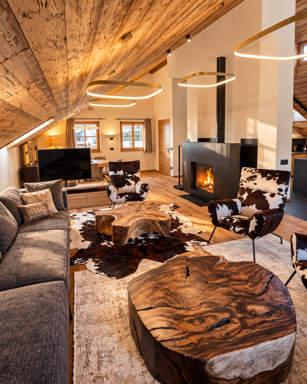 Soggiorno del Chalet Gufo con soffitto in legno inclinato, camino acceso, poltrone con fantasia cowhide, tavolini in legno naturale, divano grigio e decorazioni in stile rustico.