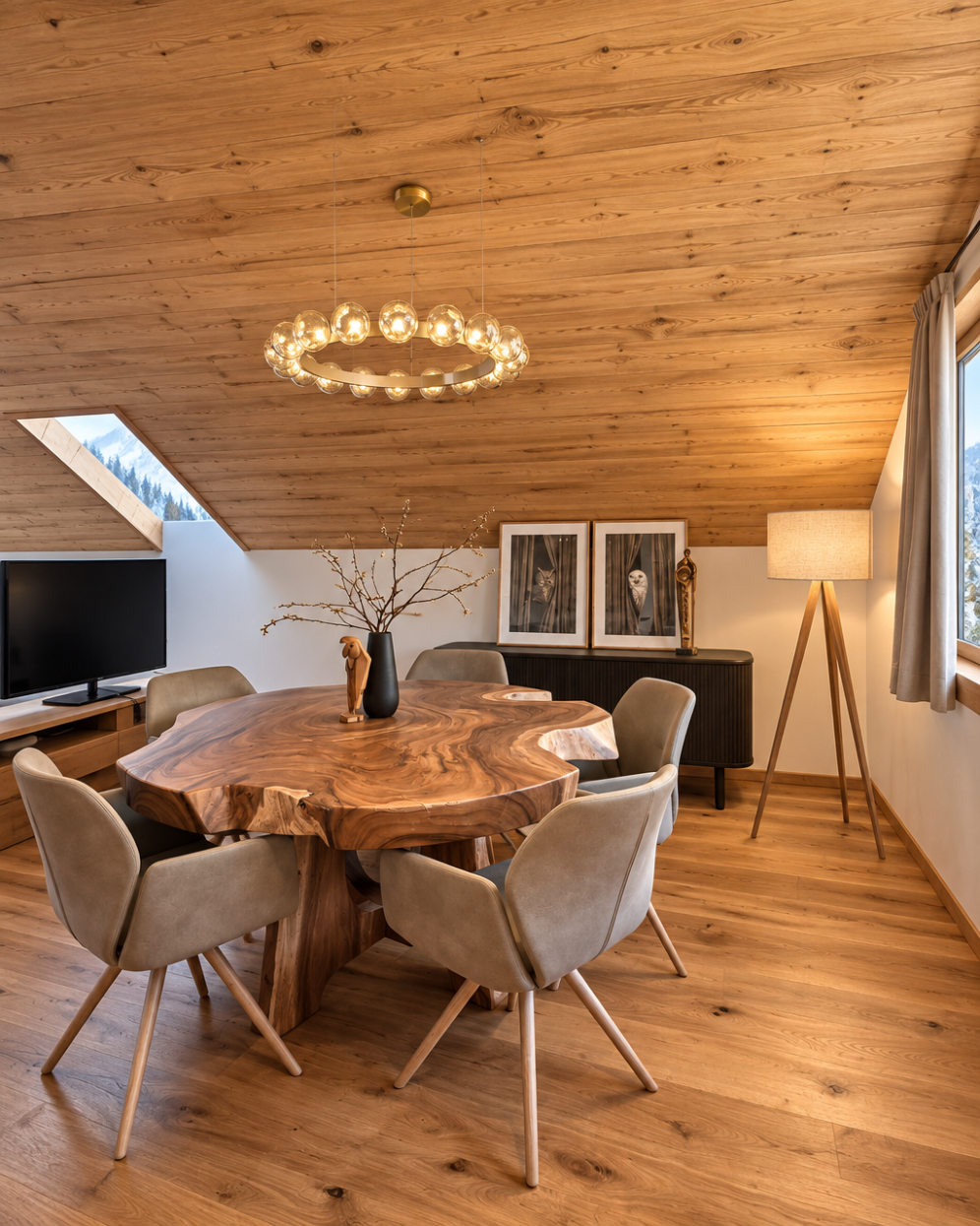 Interno di una sala da pranzo in stile moderno con soffitto in legno, tavolo in legno naturale con sedie imbottite beige, lampada da terra, quadro decorativo, e vista di montagne dalla finestra.