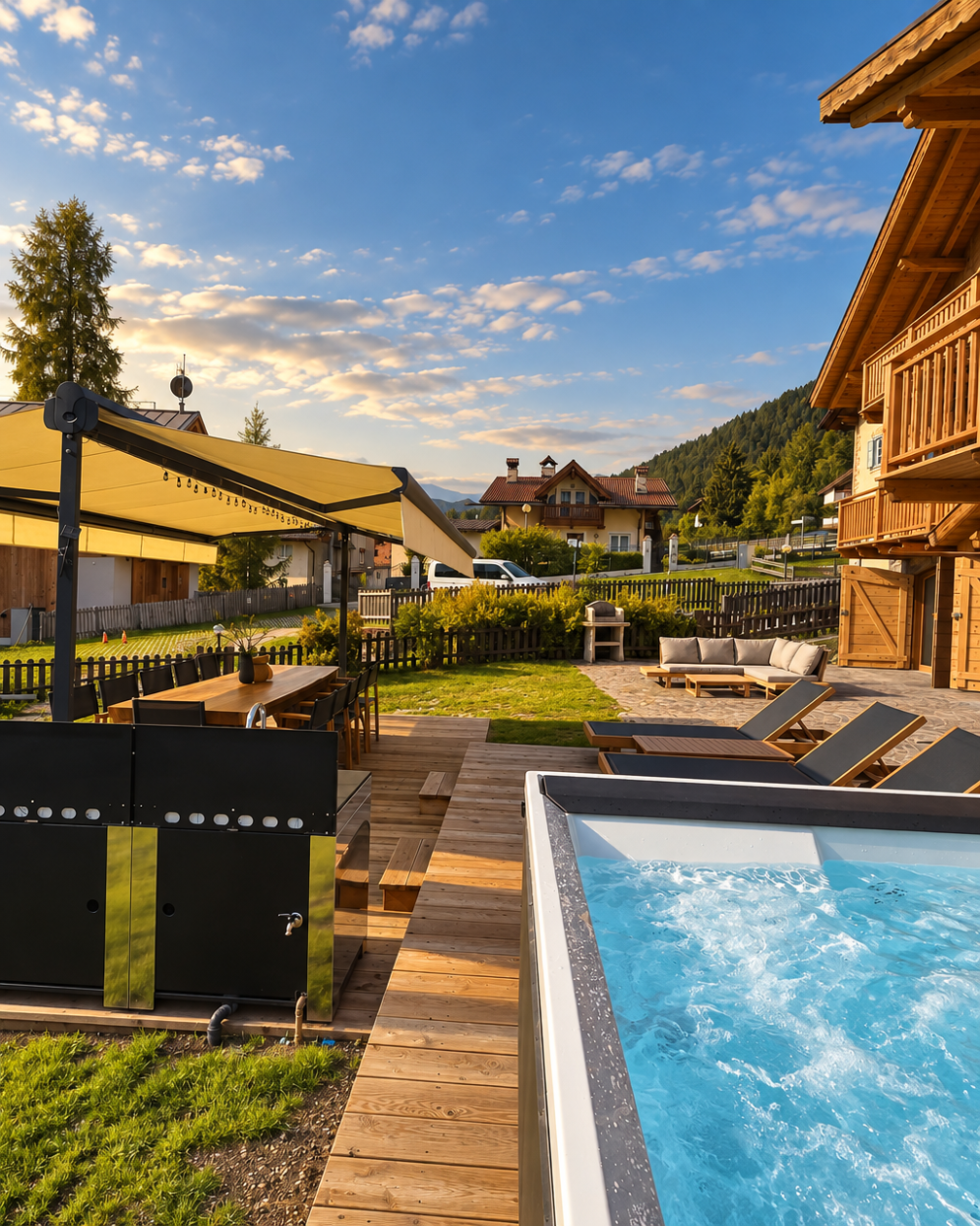 Veduta di un giardino con jacuzzi, sedie prendisole, tavolo con ombrellone, balcone in legno e case di montagna sullo sfondo, sotto un cielo sereno.