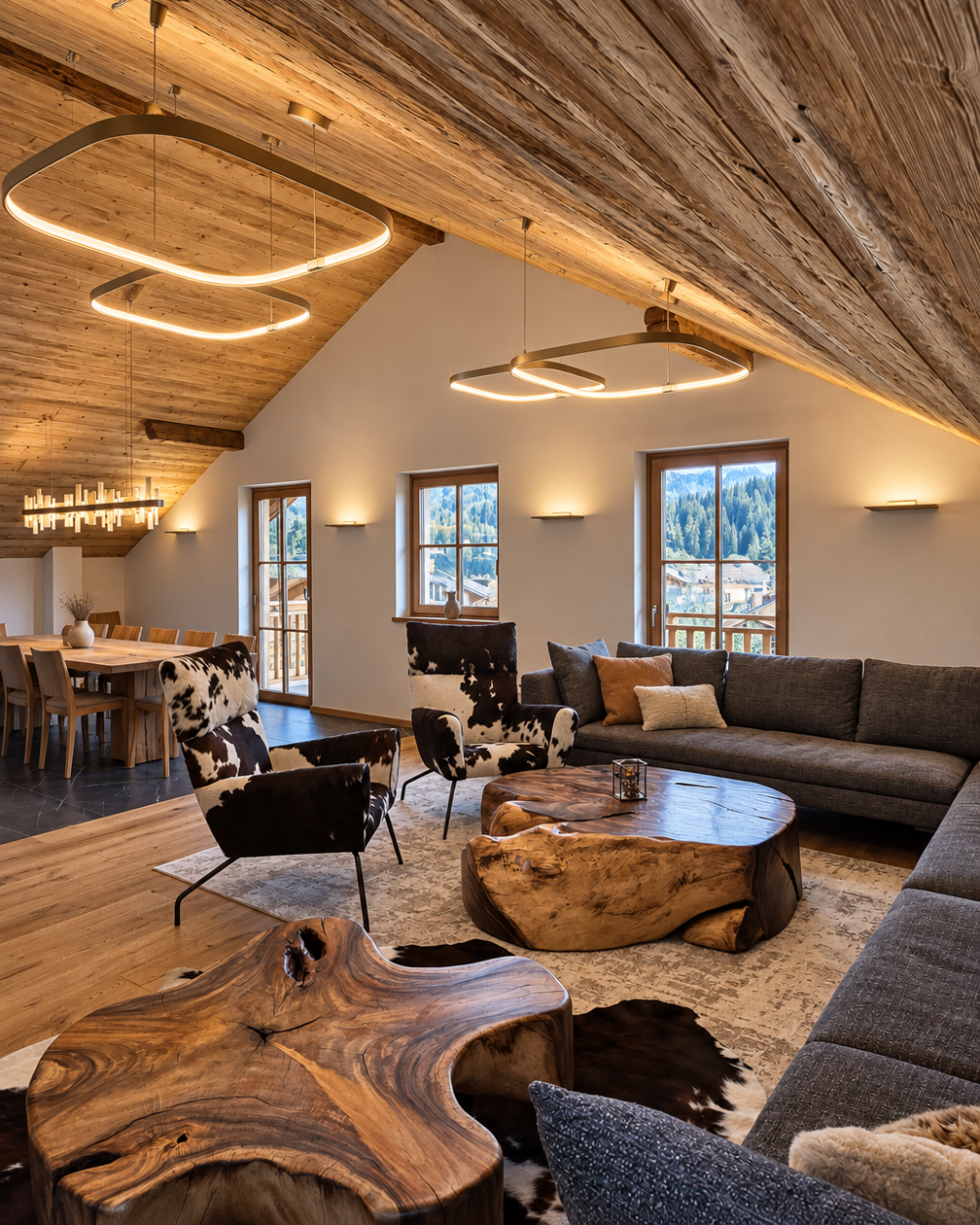 Interno di una casa in stile rustico con soffitto in legno, pareti chiare e grandi finestre che mostrano un paesaggio montano. Arredamento in legno con divano grigio e sedie con motivo cowhide. Tavolini in legno naturale irregolare e illuminazione mo