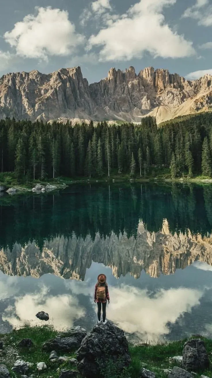 Una persona con cappello e zaino si trova su una roccia davanti a un lago che riflette le montagne rocciose e gli alberi in un paesaggio naturale.