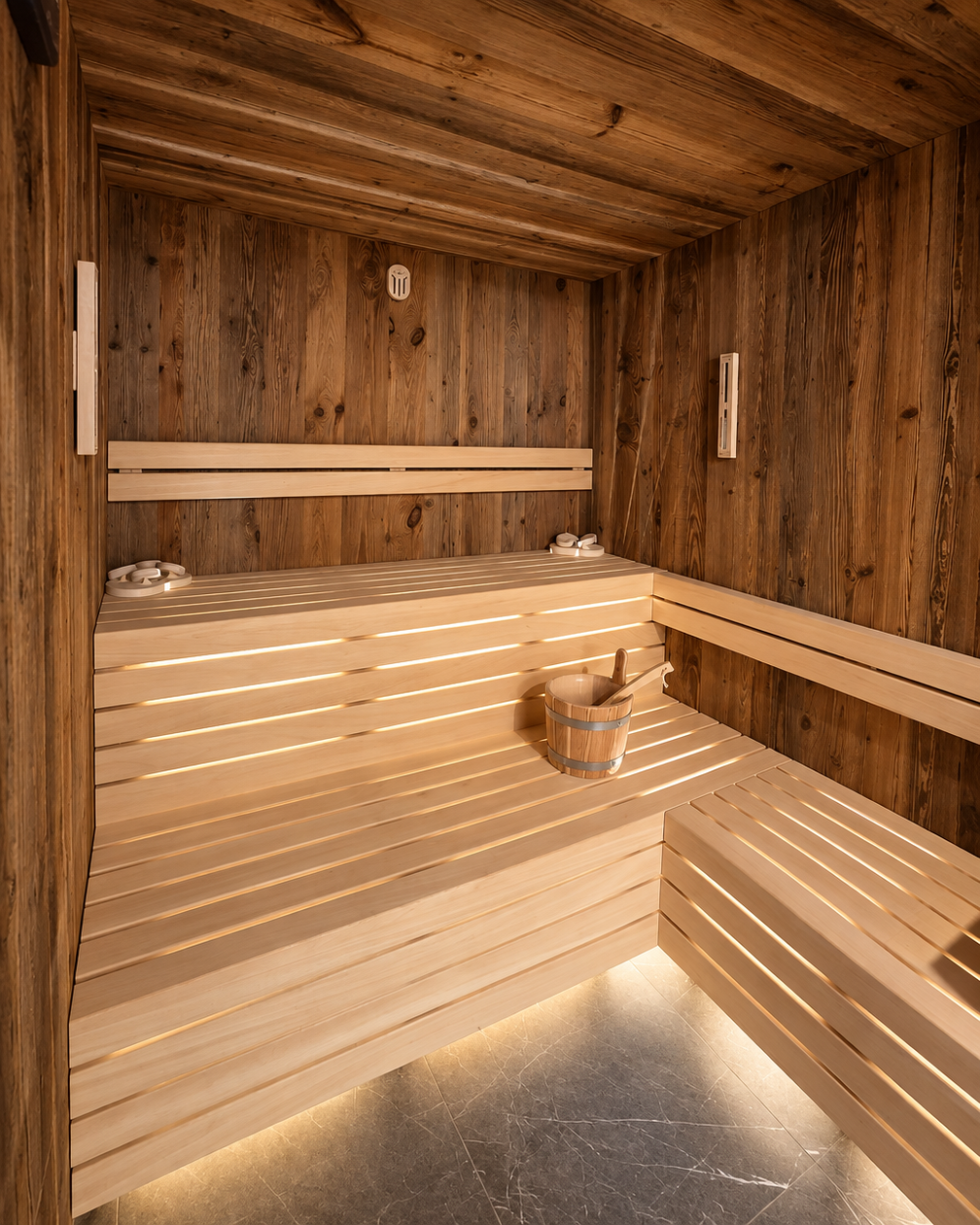 Interno di una sauna in legno con panca e secchio con mestolo.