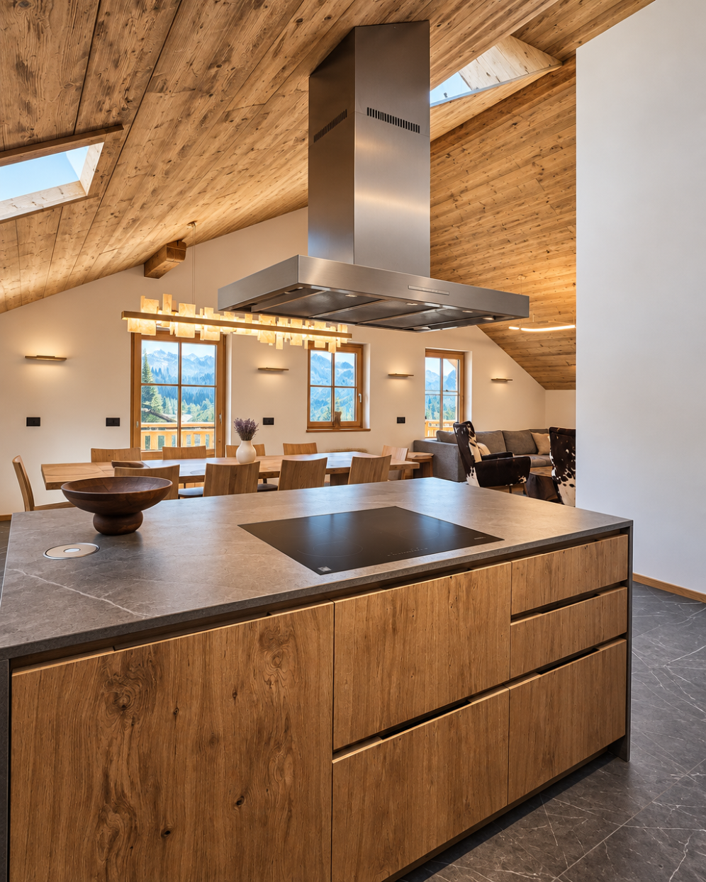 Cucina moderna in stile rustico con ante in legno, isola centrale con piano in pietra, soffitto in legno inclinato con luci e grandi finestre che mostrano montagne, Chalet Gufo.