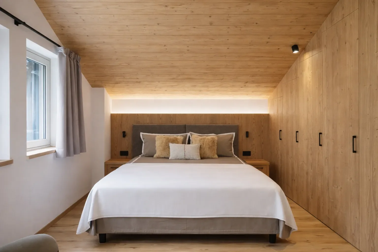 Camera moderna con pareti e soffitto in legno, letto con cuscini, notte e armadio in legno.