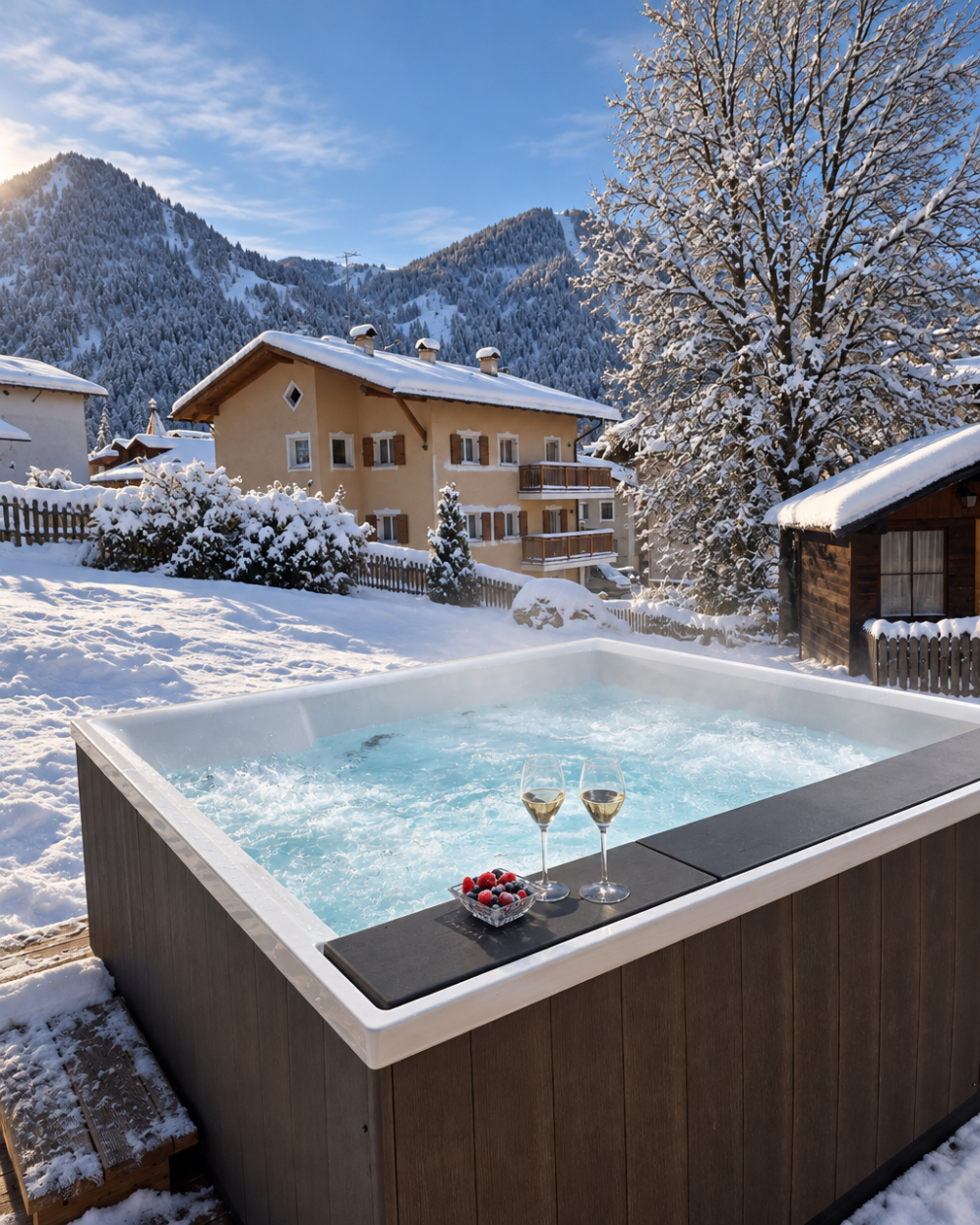 Una vasca idromassaggio riscaldata all'aperto in una residenza alpina durante l'inverno, circondata da neve, con due bicchieri di vino e una ciotola di frutti di bosco sui bordi.