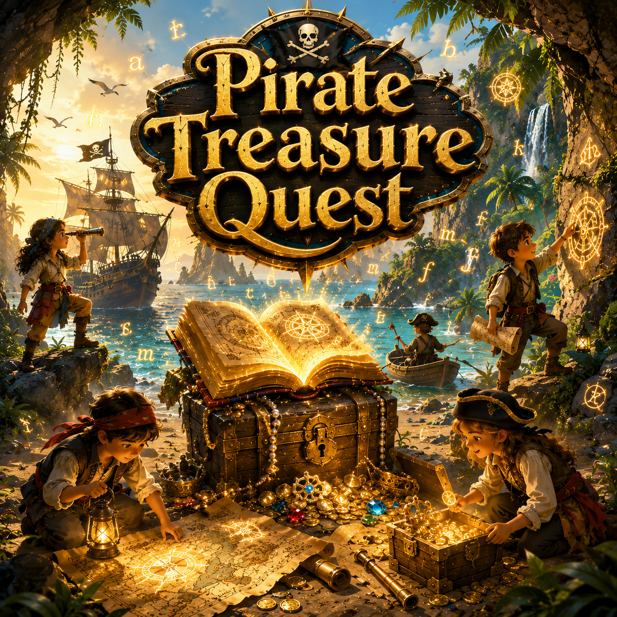 A vibrant, animated scene titled 'Pirate Treasure Quest' showing children dressed as pirates exploring a lush island with palm trees, a waterfall, and a sailing ship in the ocean. They are discovering treasure, maps, and pirate symbols, with glowing magical elements and an open treasure chest full of gold and jewels.