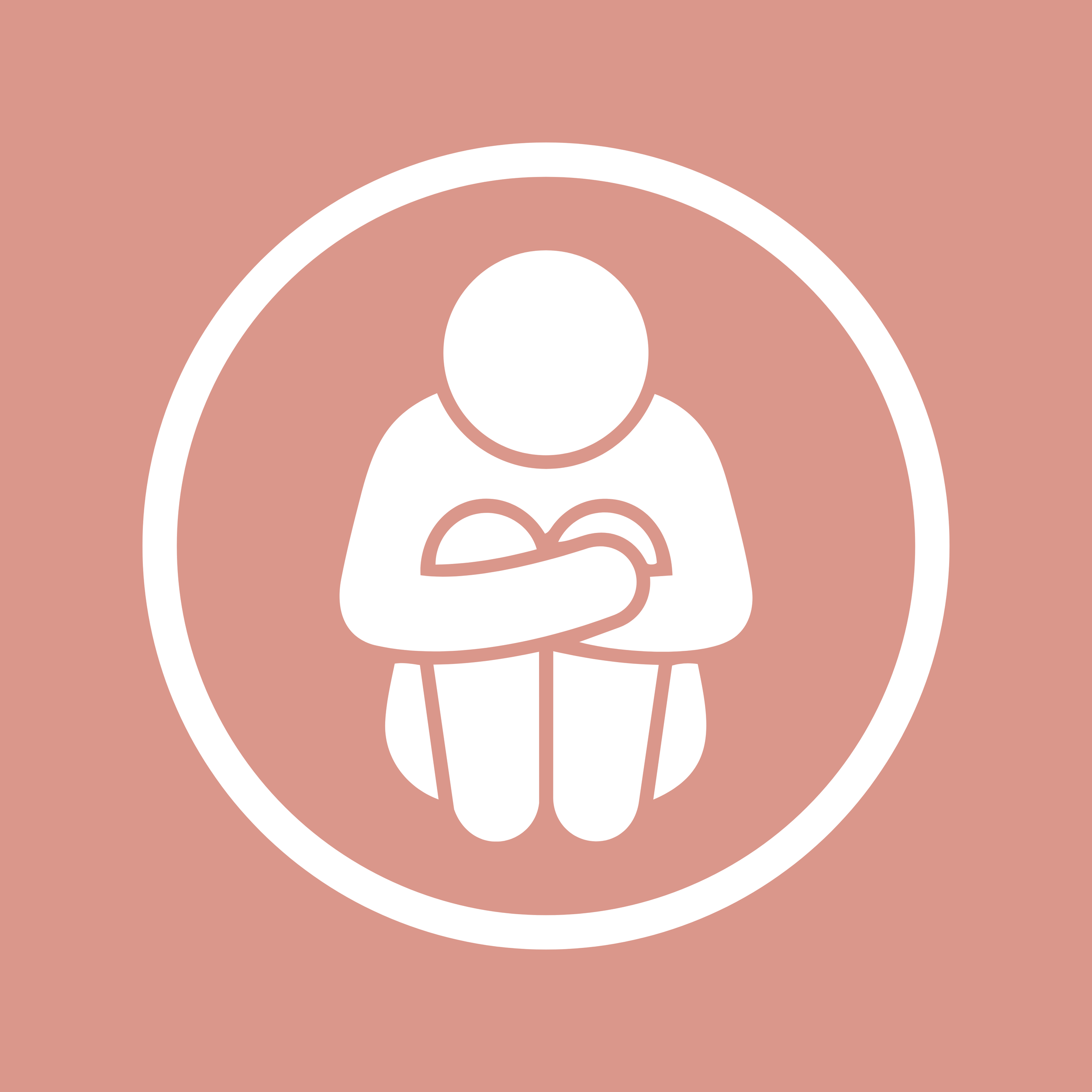 Minimalist digital illustration of a person with a round head and simplified body, holding a coffee cup, inside a concentric circle on a muted pink background.