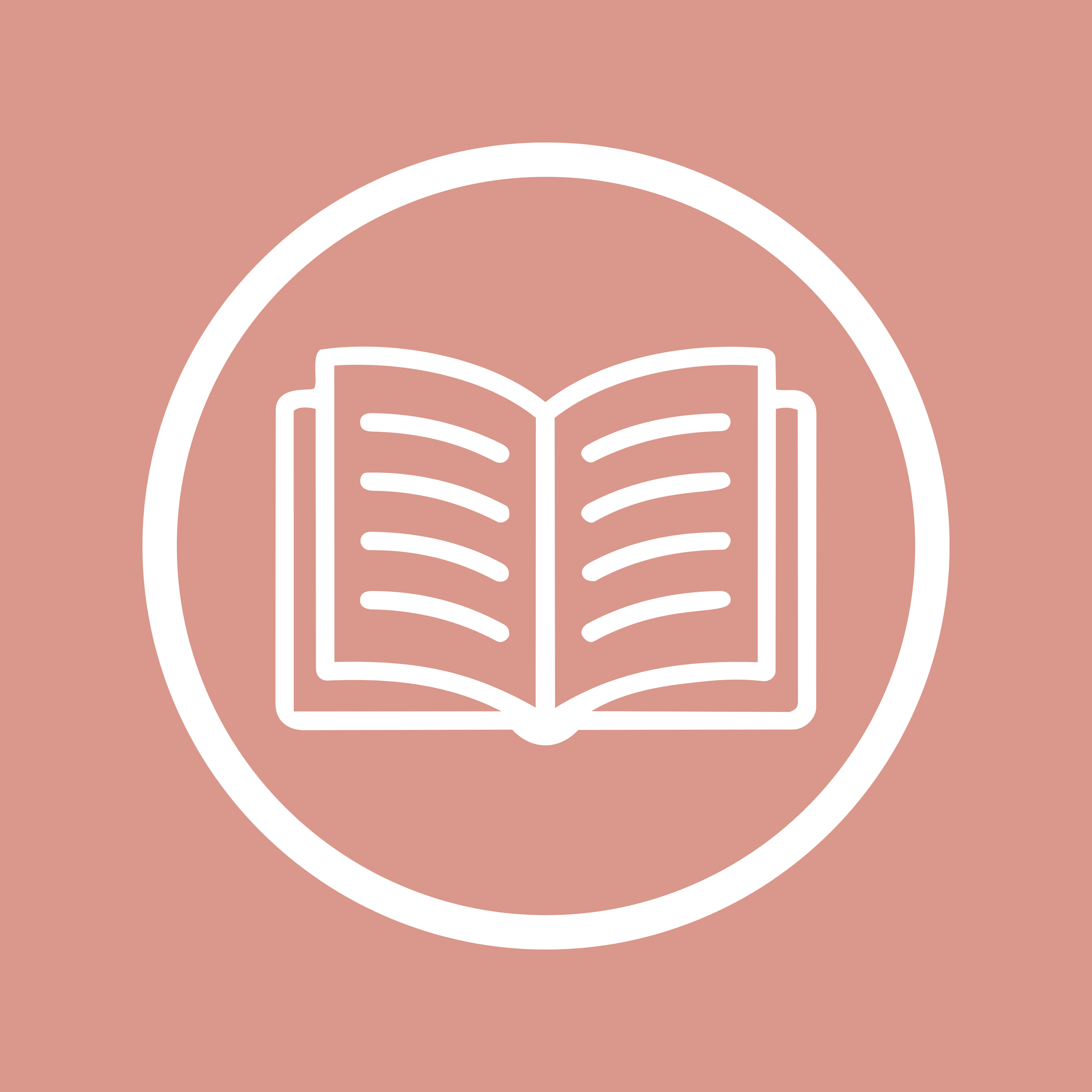 Line art illustration of an open book viewed from above, with a rainbow arching over it, all depicted with white line art on a muted pink background.