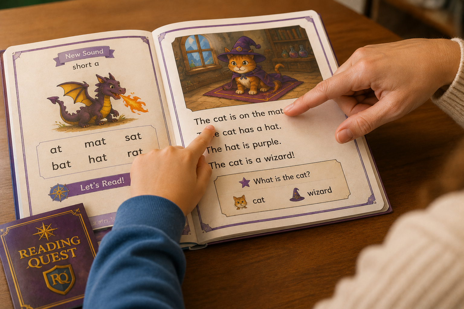 Open children's book with illustrations of a dragon and a cat dressed as a wizard, with a person pointing at the text.