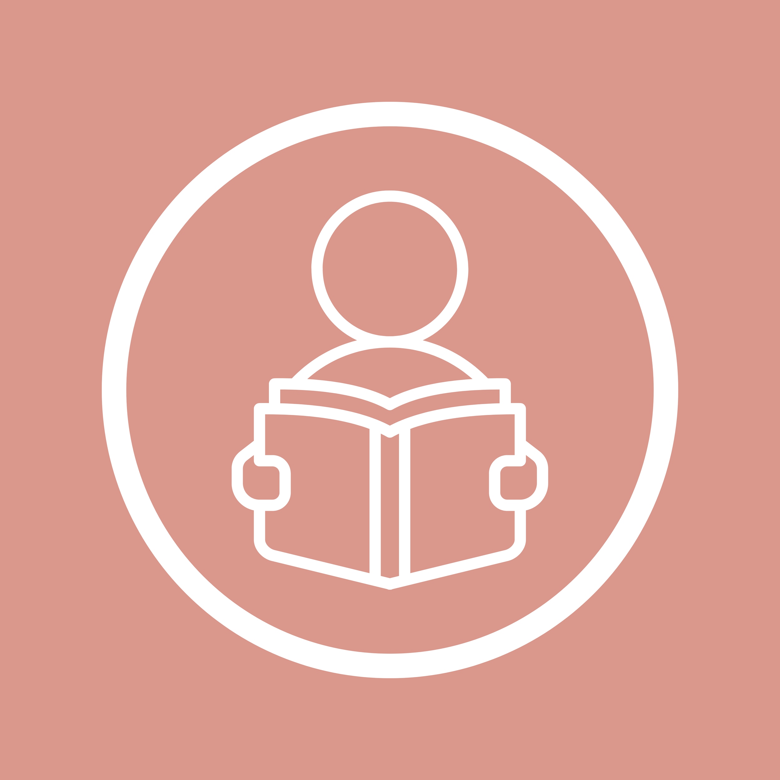 A minimalist line drawing of an open book with a human figure above it inside a circle, on a pinkish background.
