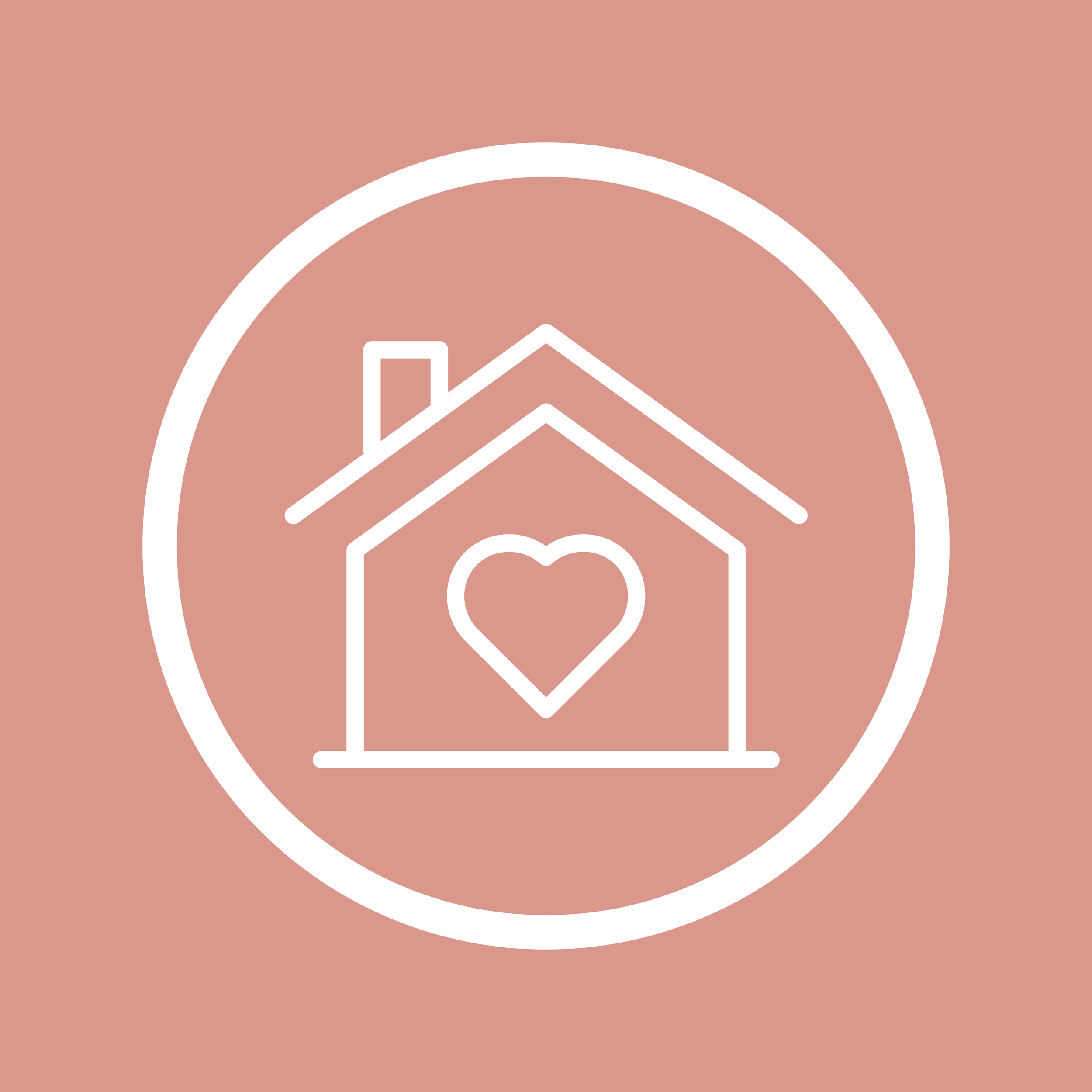 Minimalist icon of a house with trees inside a circular outline, on a muted pink background.