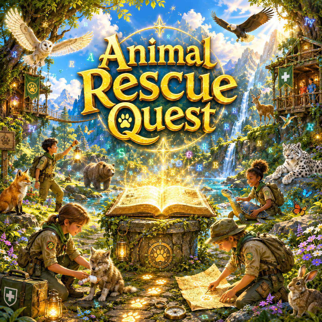 A fantasy scene featuring animal rescue explorers among lush greenery, mountains, and waterfalls. They are accompanied by animals such as an owl, a wolf, a bear, a snow leopard, a turtle, and various birds and butterflies. Two children are resting, with one examining a map and another caring for a wolf puppy. An open magical book emits glowing light and symbols, with a large title 'Animal Rescue Quest' floating above.