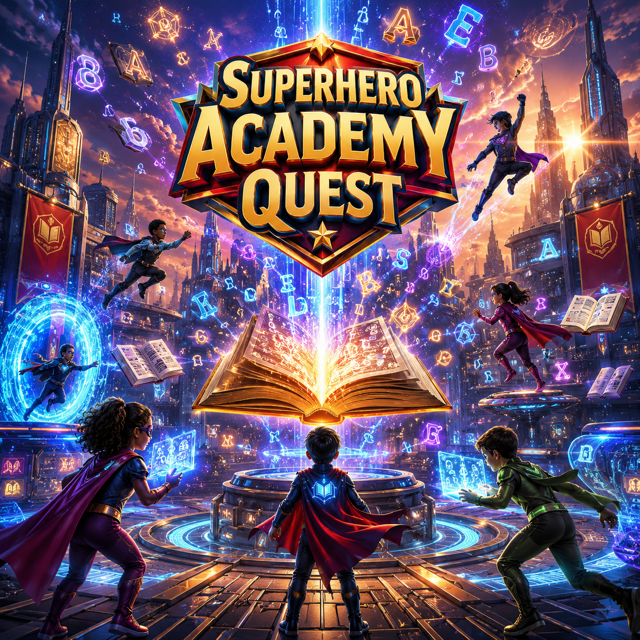 Fantasy illustration of kids in superhero costumes using magic and flying around a glowing open book, with a futuristic city skyline in the background, and large neon letters and symbols floating in the sky. The title 'Superhero Academy Quest' is prominently displayed in the center.