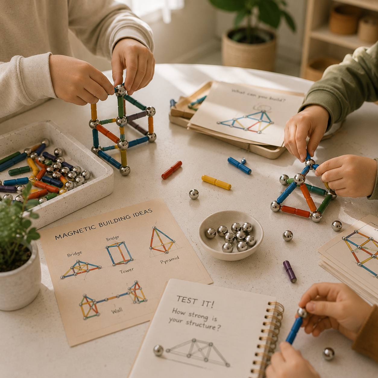 Children building colorful magnetic structures at a table with educational materials about magnetic building ideas and strength testing.