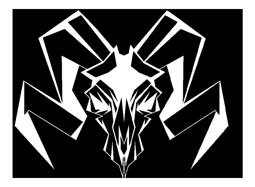 A black and white abstract graphic of a goat or ram's head with prominent curved horns.