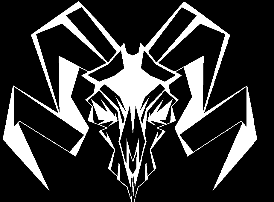 A black and white abstract design resembling a stylized animal skull, possibly a dragon or extraterrestrial creature, with sharp angular features and symmetrical patterns.