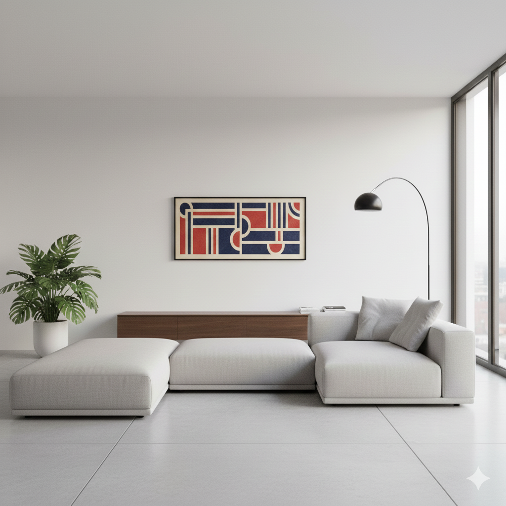 Acoustic PET and wood  Wall panel, bespoke design Minimalist living room with a white sectional sofa, a potted green monstera plant, abstract art on the wall, a black arc floor lamp, and large windows with city views.