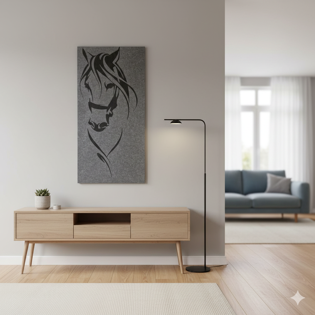 Acoustic PET Wall panel, bespoke design Modern living room with a wooden sideboard, a black floor lamp, and a large abstract horse portrait on the wall.
