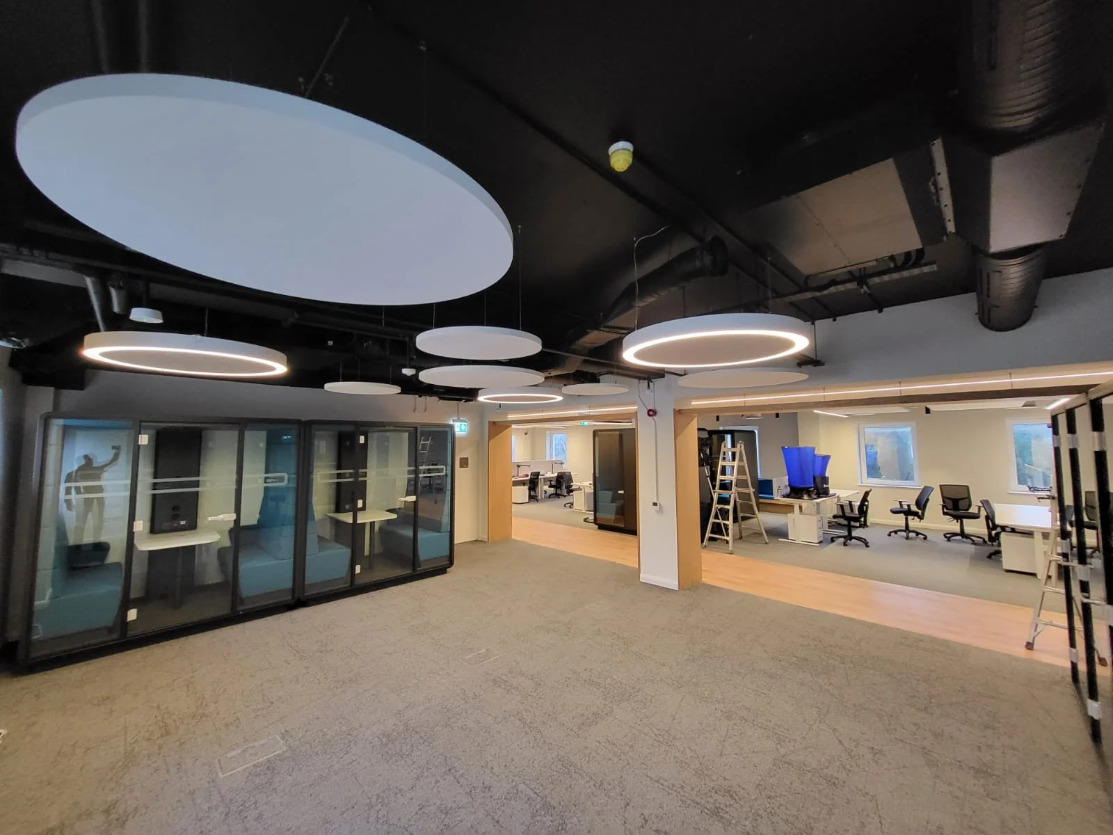 Modern office space with circular acoustic ceiling lights, workstations with chairs, glass conference rooms, and windows