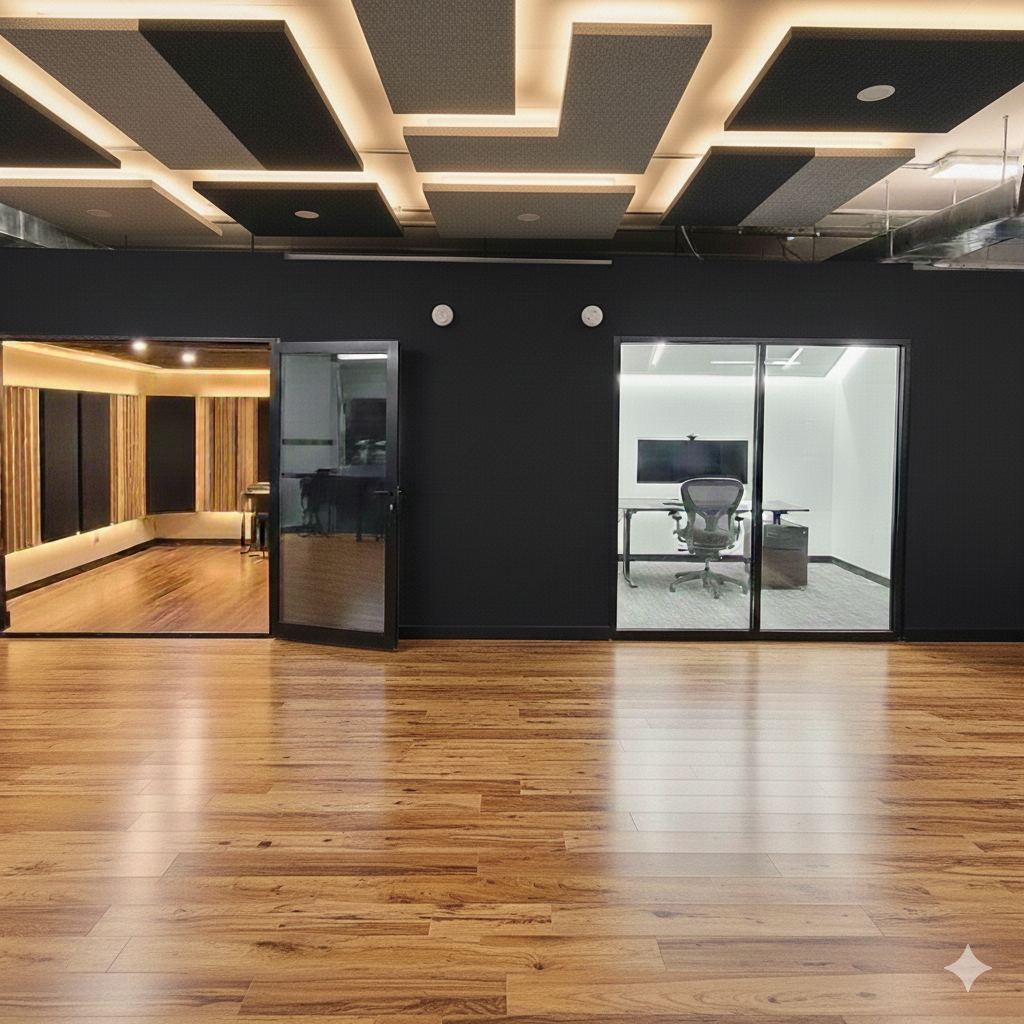Fabric Wrapped Acoustic Ceiling panels in modern office
