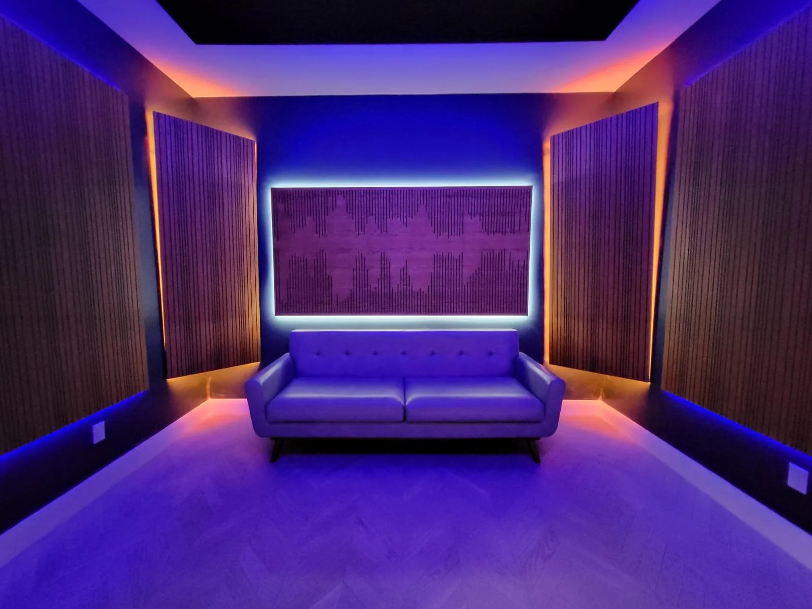 Bespoke wooden acoustic panel with PET Acoustic board core in modern podcast room
