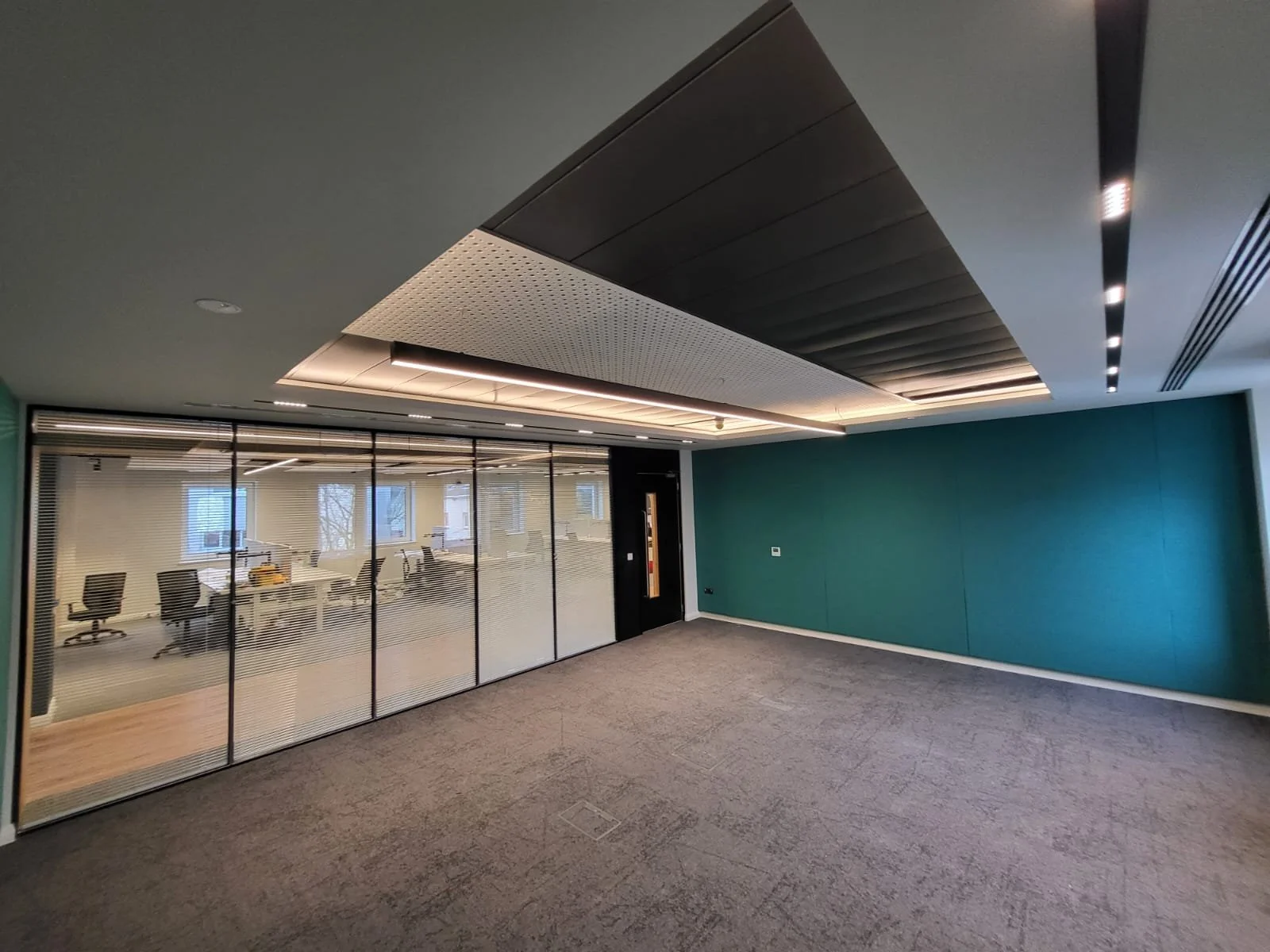 Sheeps Wool Acoustic Panels in Empty office room with gray carpet, teal accent wall, ceiling with modern lighting and acoustic panels, glass wall with blinds revealing a conference room with chairs and desks inside.