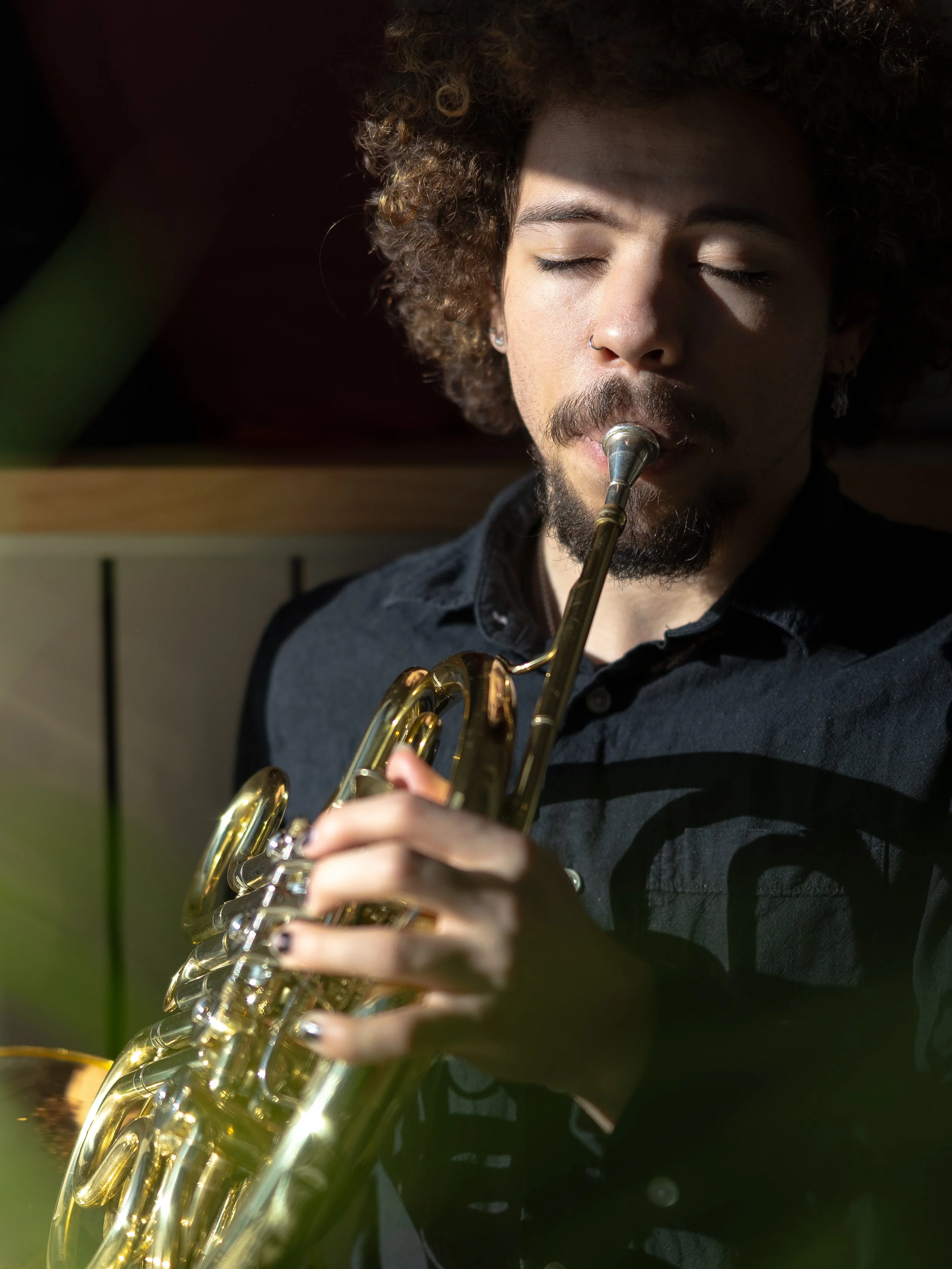 En person med lockigt hår och skägg spelar trumpet, med negräns plan bakgrund.