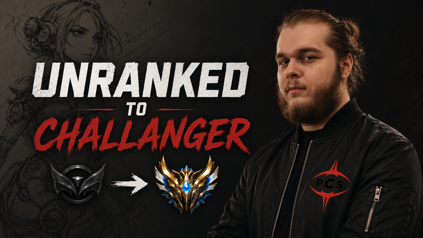 Bild på en ung man med långt hår och skägg, som bär en svart jacka med en RCS-logotyp, mot en mörk bakgrund. Texten säger 'Unranked to Challenger' och det finns ikoner för spelet League of Legends.