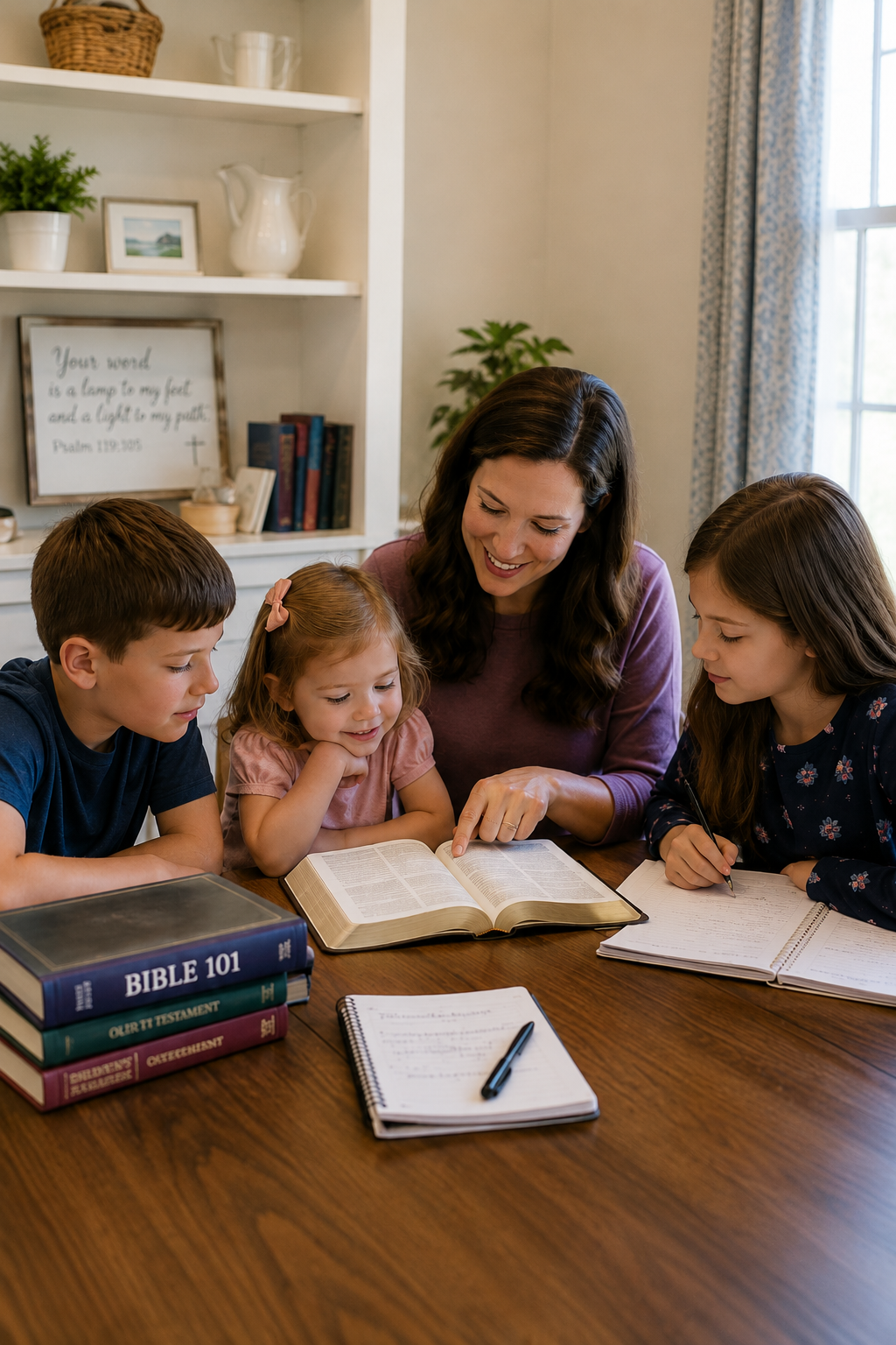 A woman and three children reading the Bible together at a wooden table, with books, notebooks, and a pen in front of them.