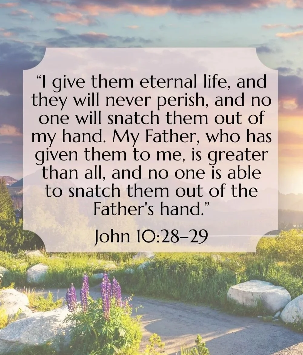 A scenic outdoor landscape with a cloudy sky, rolling hills, and purple wildflowers in the foreground. Overlaid is a quote from John 10:28-29 about eternal life and God's protection.
