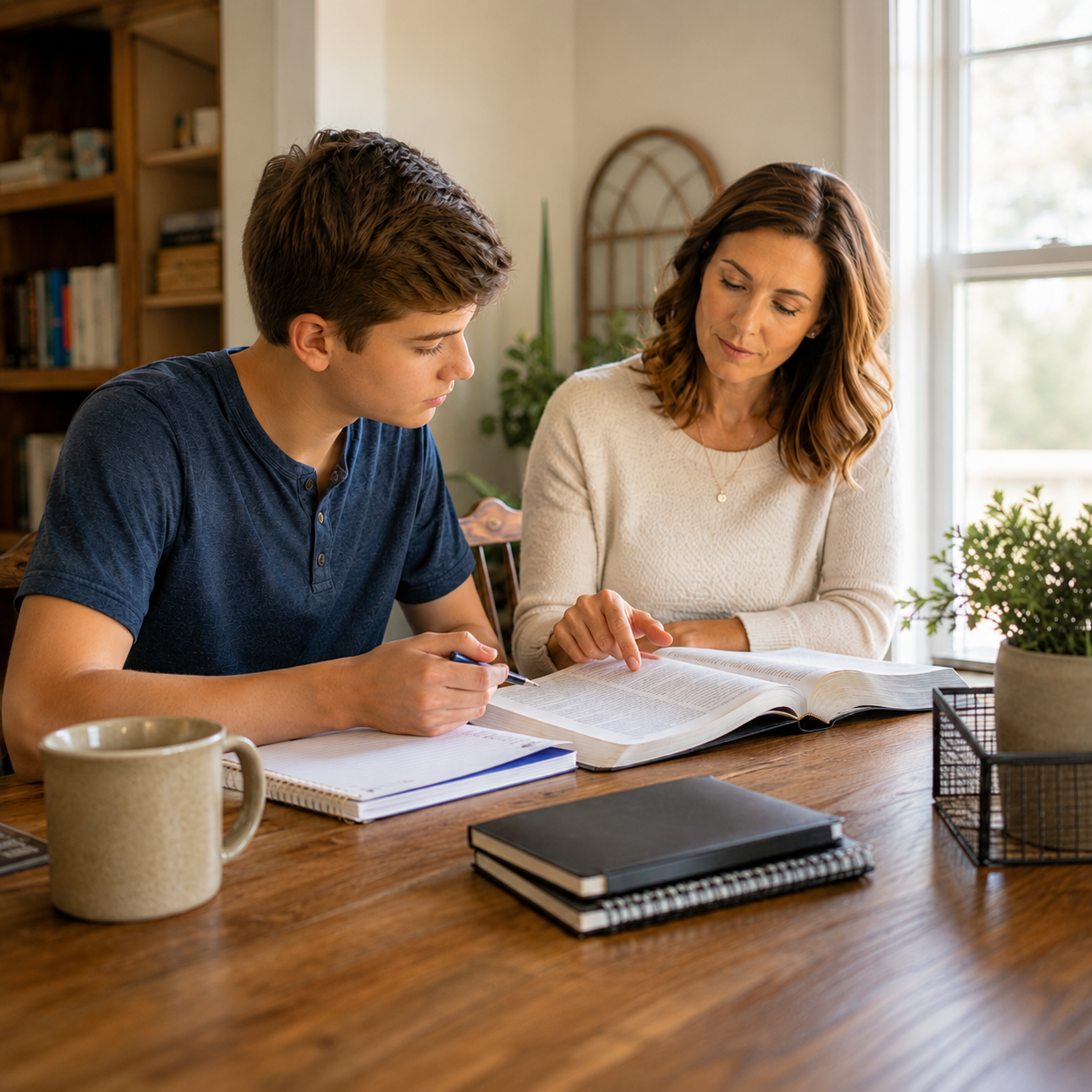 A woman and teenage boy sitting at a wooden table, studying and discussing a large open book together in a bright room with sunlight coming through a window.