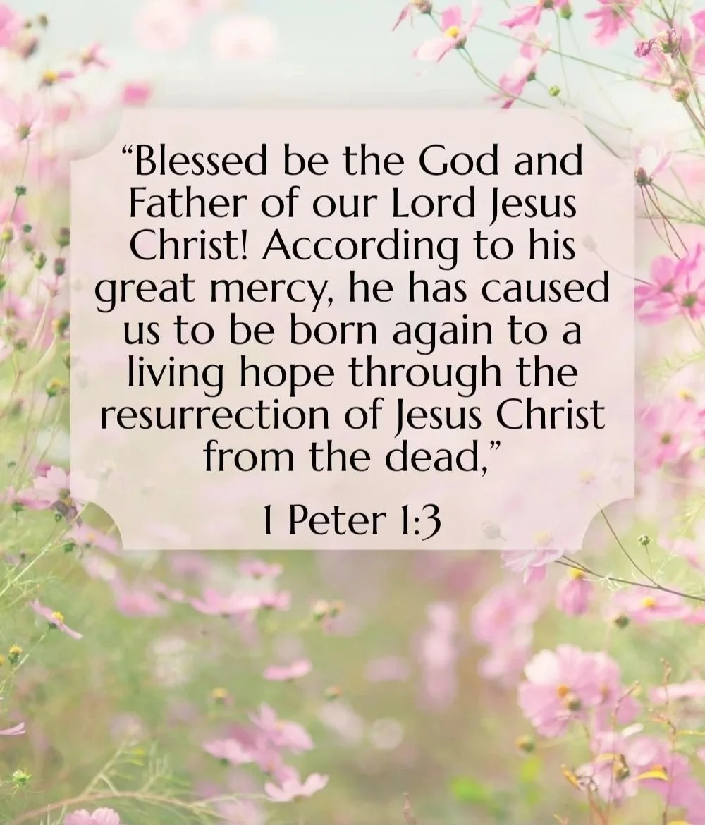 A decorative scripture quote from 1 Peter 1:3 on a light pink background with pink and white flowers surrounding it.