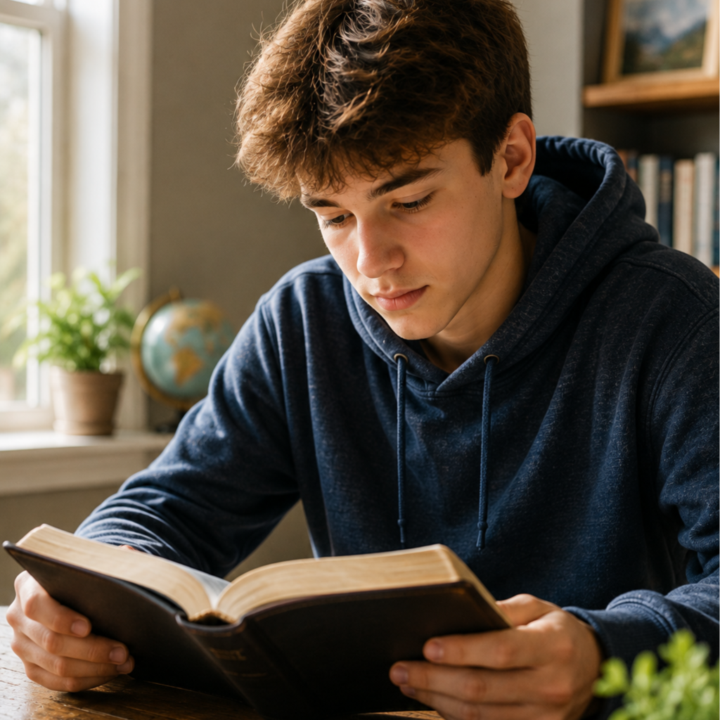 A young man with brown hair reads a book at a wooden table near a window, with a plant and globe in the background.
