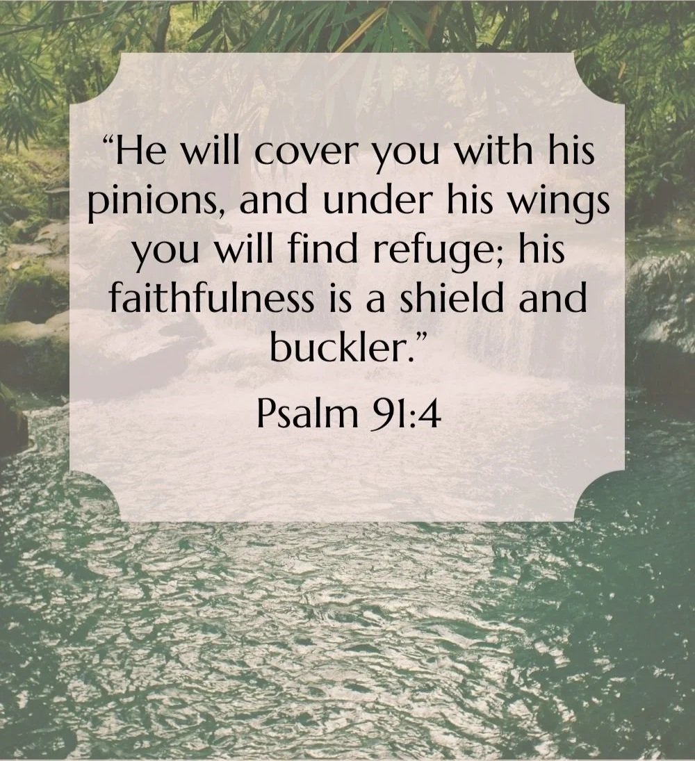 A serene scene of a river with sunlight reflecting off the water, surrounded by lush greenery. Overlaid is an inspirational quote from Psalm 91:4.