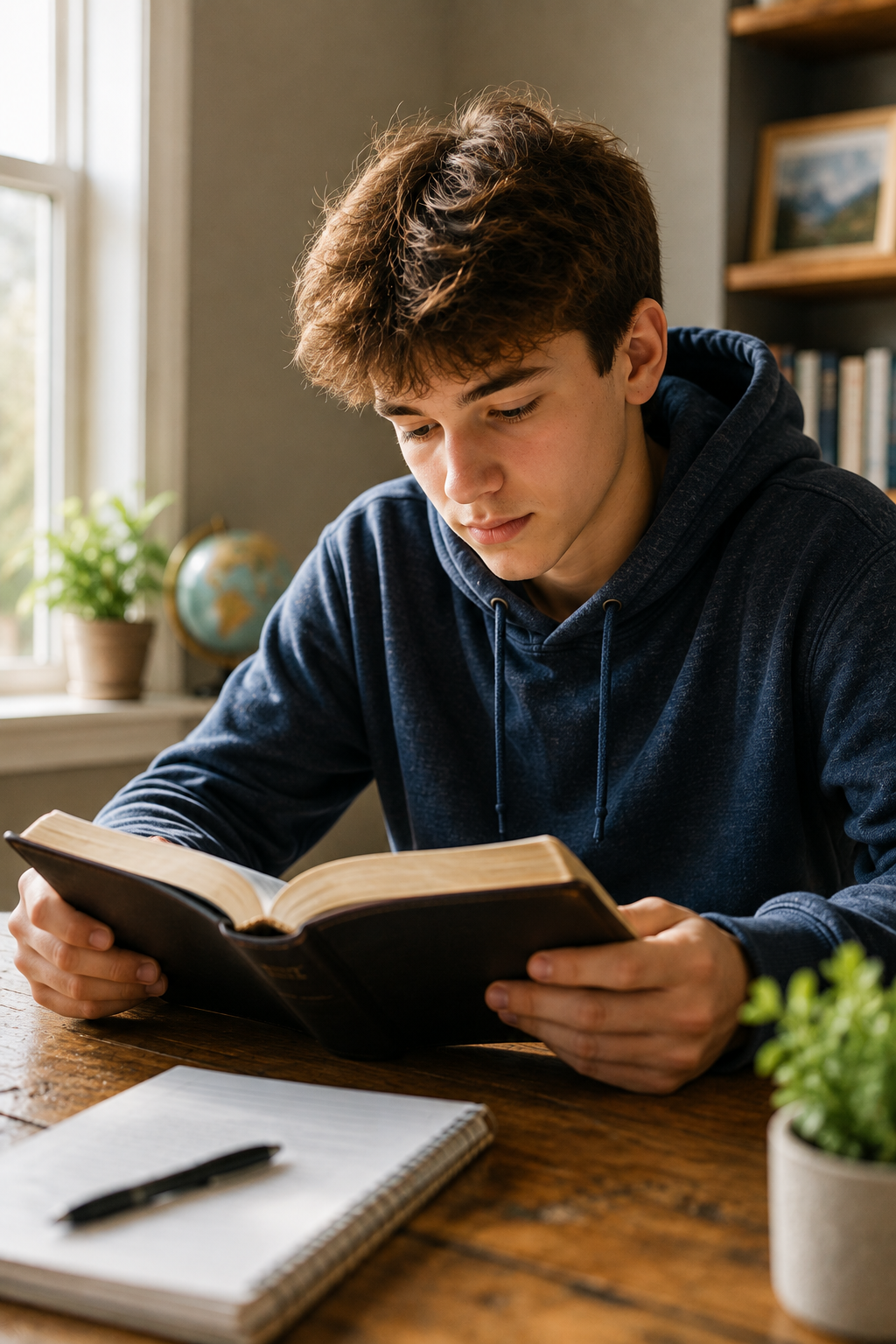A young man in a navy hoodie reading a book at a wooden table in a well-lit room with shelves and a globe in the background.