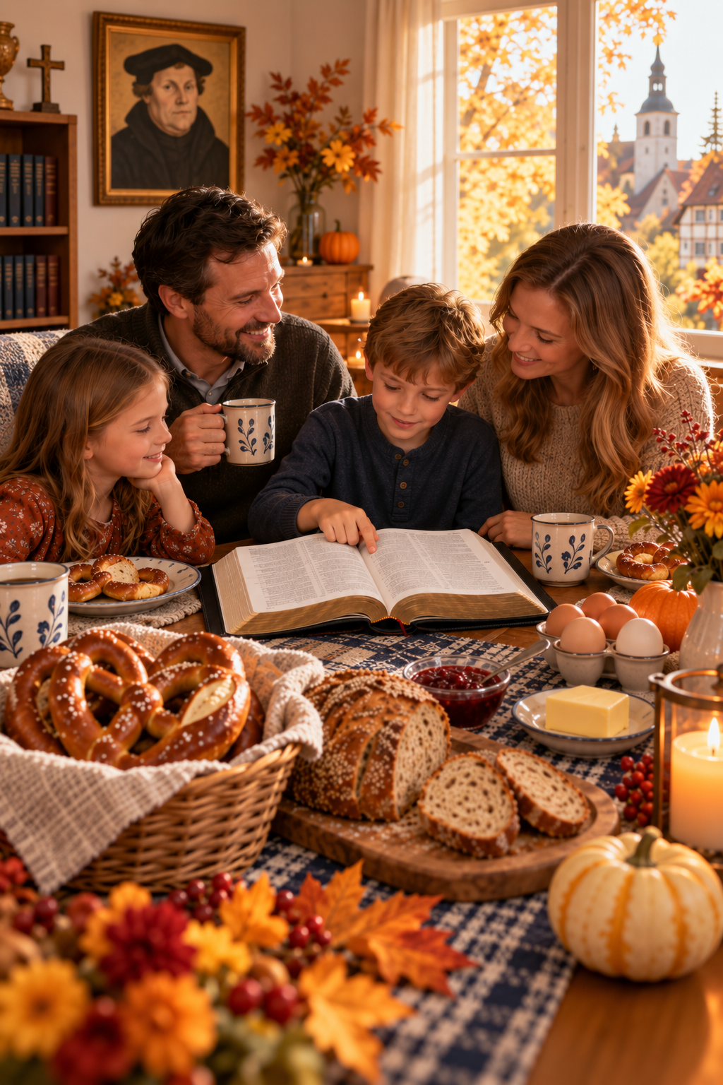 A family of five sitting around a table decorated for fall, reading a book together. The table has Thanksgiving foods like pretzels, bread, eggs, and pumpkin, with fall foliage and candles in the background.