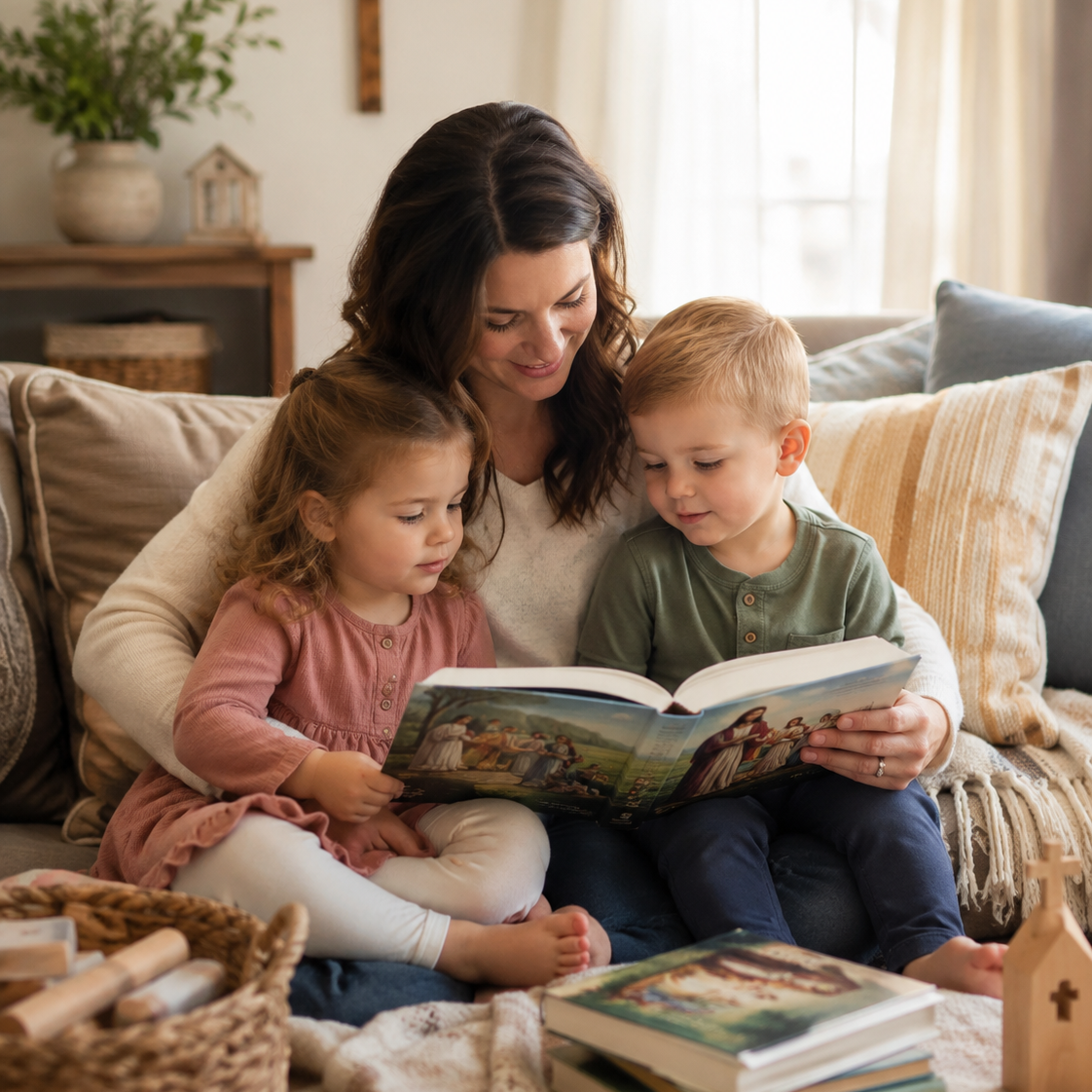 A woman with two children sitting on a sofa, reading a storybook together in a cozy living room.