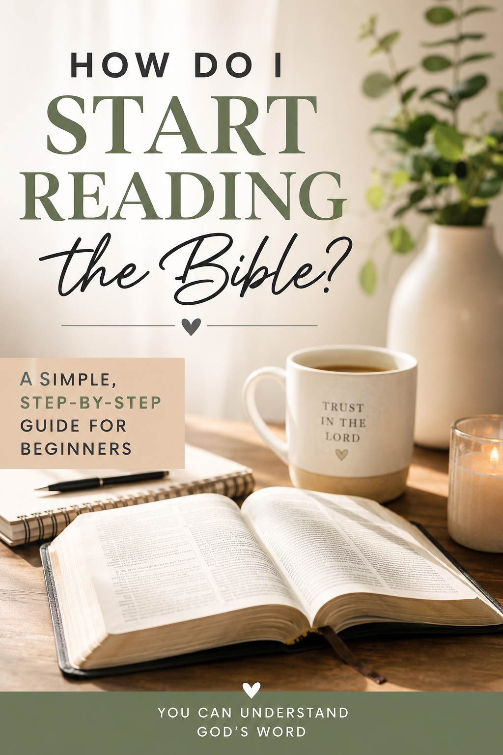 A book and a notebook on a table, with a coffee mug that says 'Trust in the Lord', a lit candle, and a potted plant in the background. The image is a cover for a guide on starting to read the Bible.